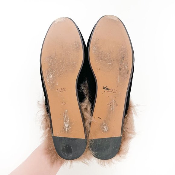 Gucci Princetown Fur Slipper EU 40 US 10 Black Velvet Horsebit Mule Loafer Flat - Picture 10 of 11